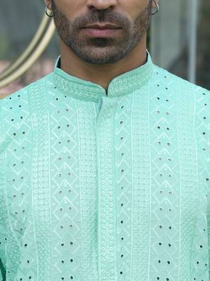 Silk rayon embroidered sequinned sea green kurta with elasticated pyjamas 2