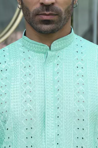 Silk rayon embroidered sequinned sea green kurta with elasticated pyjamas