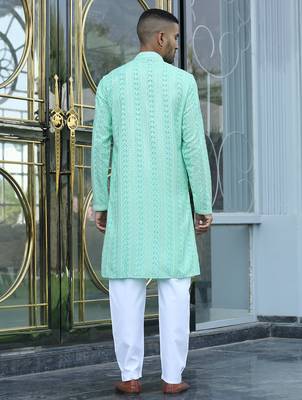 Silk rayon embroidered sequinned sea green kurta with elasticated pyjamas 3
