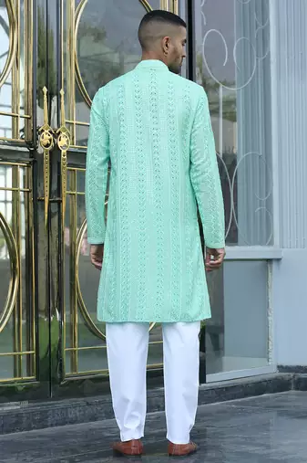 Silk rayon embroidered sequinned sea green kurta with elasticated pyjamas