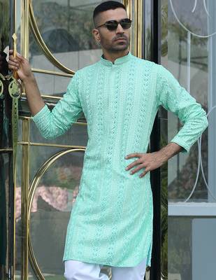 Silk rayon embroidered sequinned sea green kurta with elasticated pyjamas 4