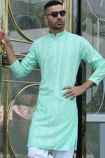 Silk rayon embroidered sequinned sea green kurta with elasticated pyjamas