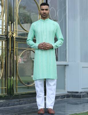 Silk rayon embroidered sequinned sea green kurta with elasticated pyjamas 5