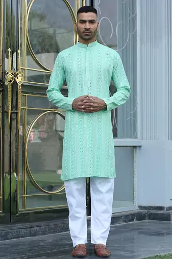 Silk rayon embroidered sequinned sea green kurta with elasticated pyjamas