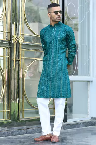 Silk rayon embroidered sequinned emerald blue kurta with elasticated pyjamas