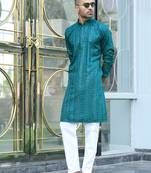 Silk rayon embroidered sequinned emerald blue kurta with elasticated pyjamas
