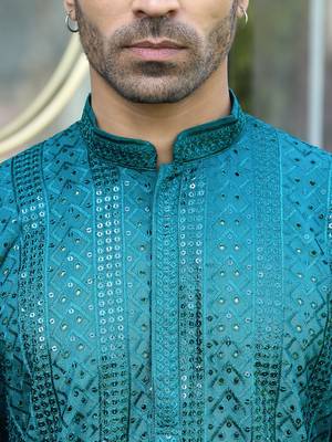 Silk rayon embroidered sequinned emerald blue kurta with elasticated pyjamas 2