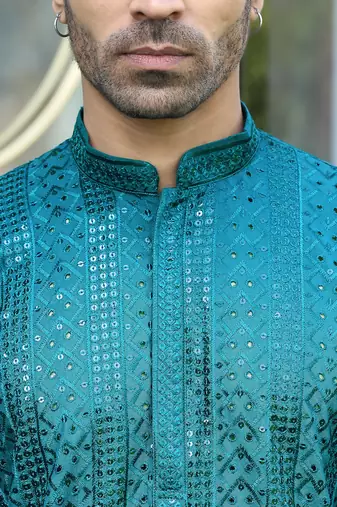 Silk rayon embroidered sequinned emerald blue kurta with elasticated pyjamas