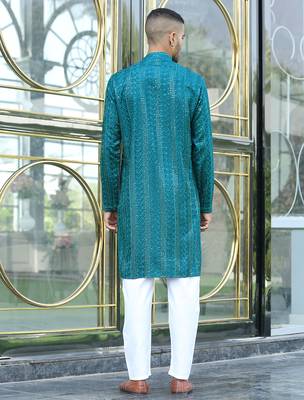Silk rayon embroidered sequinned emerald blue kurta with elasticated pyjamas 3