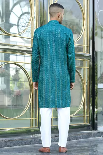 Silk rayon embroidered sequinned emerald blue kurta with elasticated pyjamas