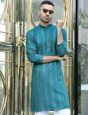 Silk rayon embroidered sequinned emerald blue kurta with elasticated pyjamas 4