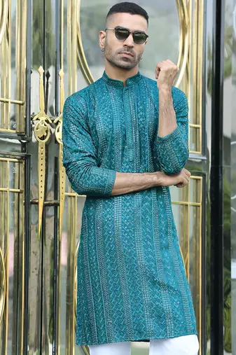 Silk rayon embroidered sequinned emerald blue kurta with elasticated pyjamas