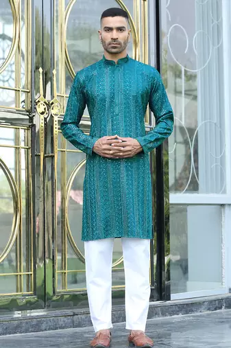 Silk rayon embroidered sequinned emerald blue kurta with elasticated pyjamas