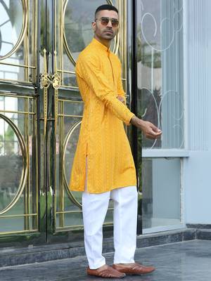 Silk rayon embroidered sequinned yellow kurta with elasticated pyjamas 1