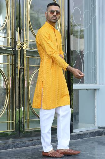 Silk rayon embroidered sequinned yellow kurta with elasticated pyjamas