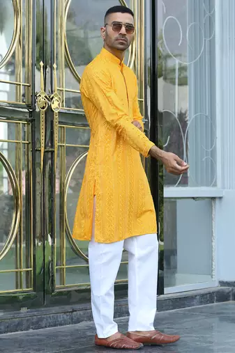 Silk rayon embroidered sequinned yellow kurta with elasticated pyjamas