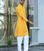 Silk rayon embroidered sequinned yellow kurta with elasticated pyjamas