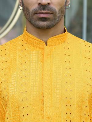 Silk rayon embroidered sequinned yellow kurta with elasticated pyjamas 3