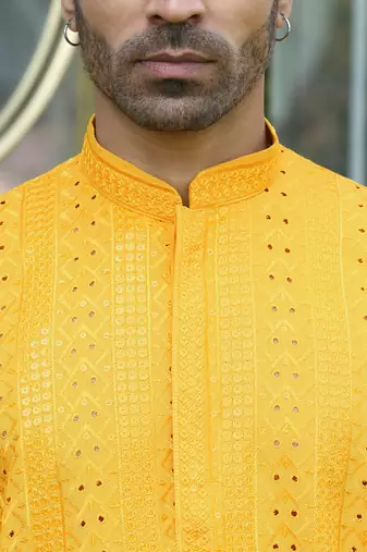 Silk rayon embroidered sequinned yellow kurta with elasticated pyjamas