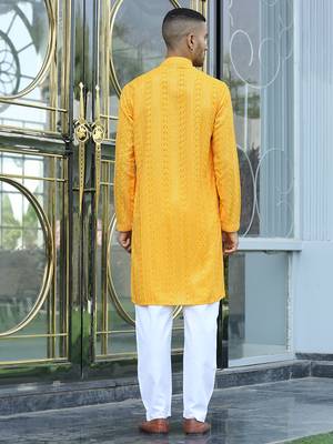 Silk rayon embroidered sequinned yellow kurta with elasticated pyjamas 4
