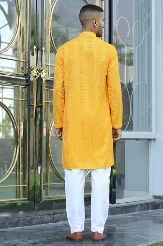 Silk rayon embroidered sequinned yellow kurta with elasticated pyjamas