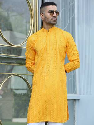 Silk rayon embroidered sequinned yellow kurta with elasticated pyjamas 5