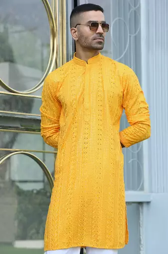 Silk rayon embroidered sequinned yellow kurta with elasticated pyjamas