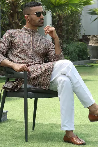 Cotton rayon embroidered sequinned beige kurta with elasticated pyjamas