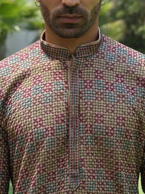 Cotton rayon embroidered sequinned beige kurta with elasticated pyjamas 2