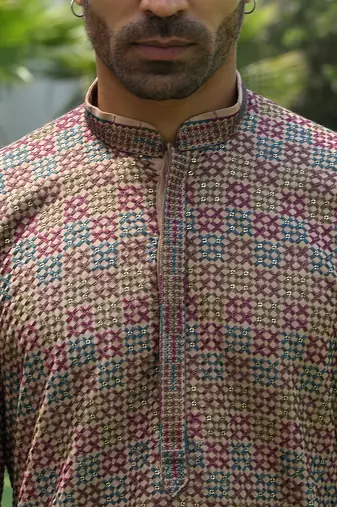 Cotton rayon embroidered sequinned beige kurta with elasticated pyjamas