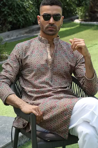 Cotton rayon embroidered sequinned beige kurta with elasticated pyjamas