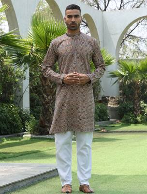 Cotton rayon embroidered sequinned beige kurta with elasticated pyjamas 5