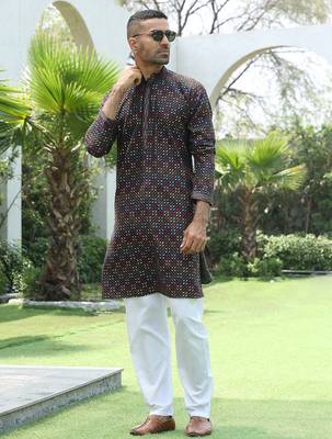 Cotton rayon embroidered sequinned black kurta with elasticated pyjamas 1