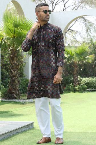 Cotton rayon embroidered sequinned black kurta with elasticated pyjamas