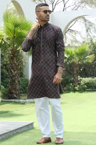 Cotton rayon embroidered sequinned black kurta with elasticated pyjamas