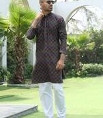 Cotton rayon embroidered sequinned black kurta with elasticated pyjamas