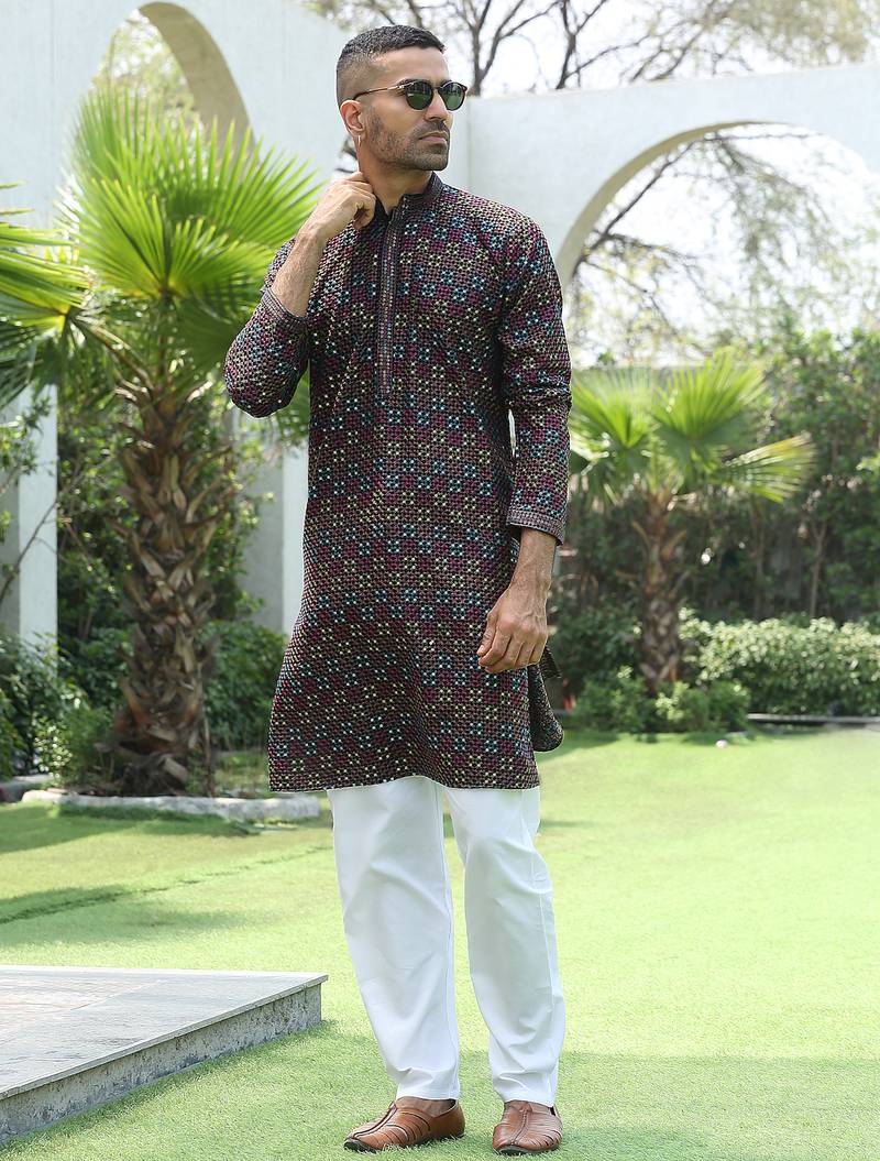 Cotton rayon embroidered sequinned black kurta with elasticated pyjamas
