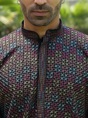 Cotton rayon embroidered sequinned black kurta with elasticated pyjamas 2