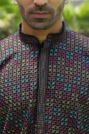 Cotton rayon embroidered sequinned black kurta with elasticated pyjamas