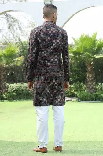 Cotton rayon embroidered sequinned black kurta with elasticated pyjamas