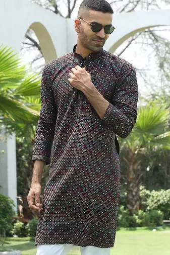 Cotton rayon embroidered sequinned black kurta with elasticated pyjamas