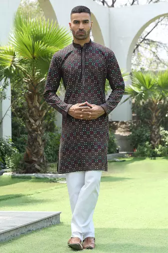 Cotton rayon embroidered sequinned black kurta with elasticated pyjamas