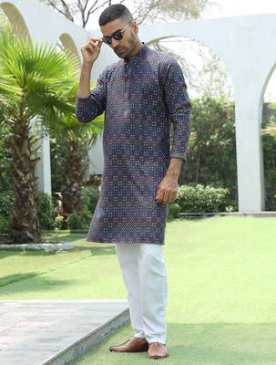 Cotton rayon embroidered sequinned blue kurta with elasticated pyjamas 1