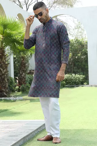Cotton rayon embroidered sequinned blue kurta with elasticated pyjamas