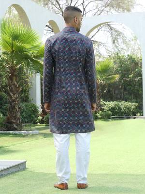 Cotton rayon embroidered sequinned blue kurta with elasticated pyjamas 3