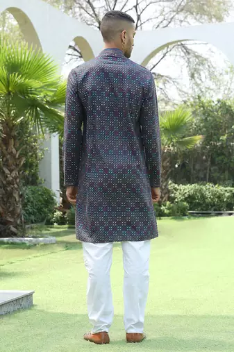 Cotton rayon embroidered sequinned blue kurta with elasticated pyjamas