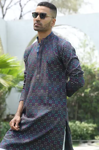 Cotton rayon embroidered sequinned blue kurta with elasticated pyjamas