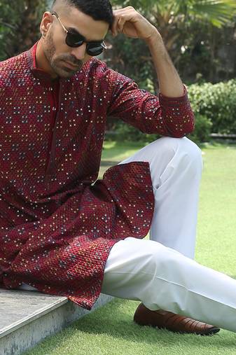 Cotton rayon embroidered sequinned maroon kurta with elasticated pyjamas