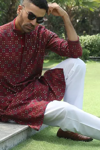 Cotton rayon embroidered sequinned maroon kurta with elasticated pyjamas