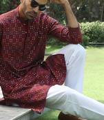 Cotton rayon embroidered sequinned maroon kurta with elasticated pyjamas